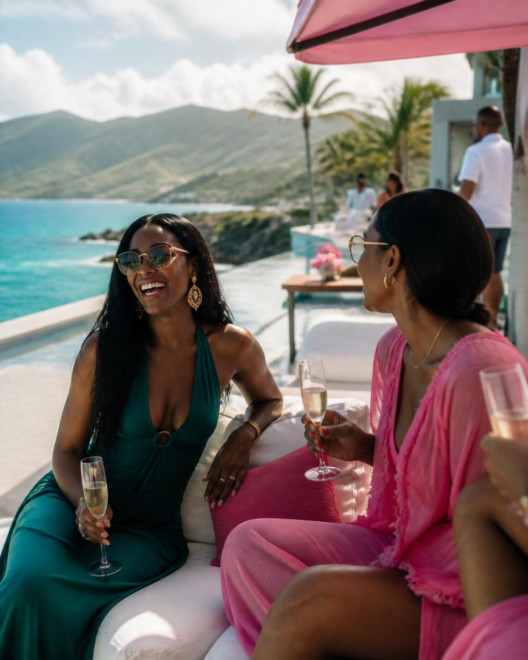 Group of women celebrating with champagne at a cliffside infinity pool